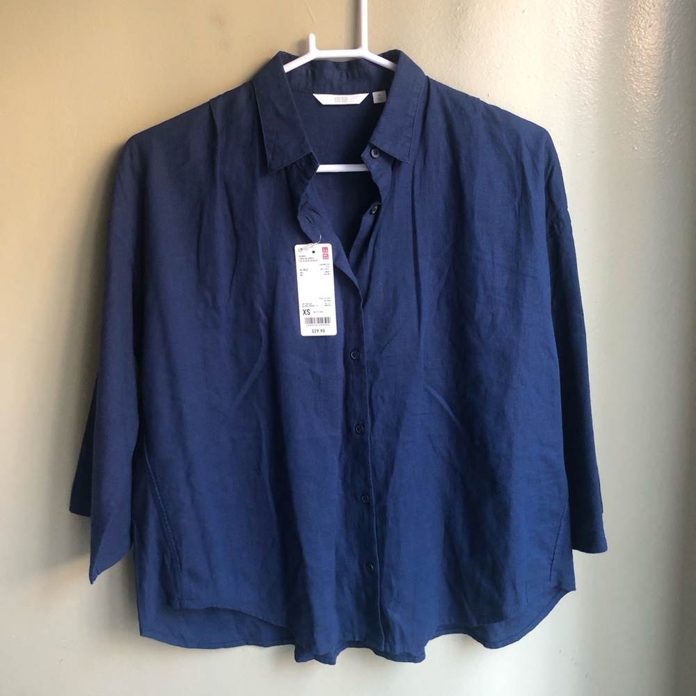 NWT! UNIQLO Women's Linen Blend 3/4 Sleeve Blouse Blue Size: XS